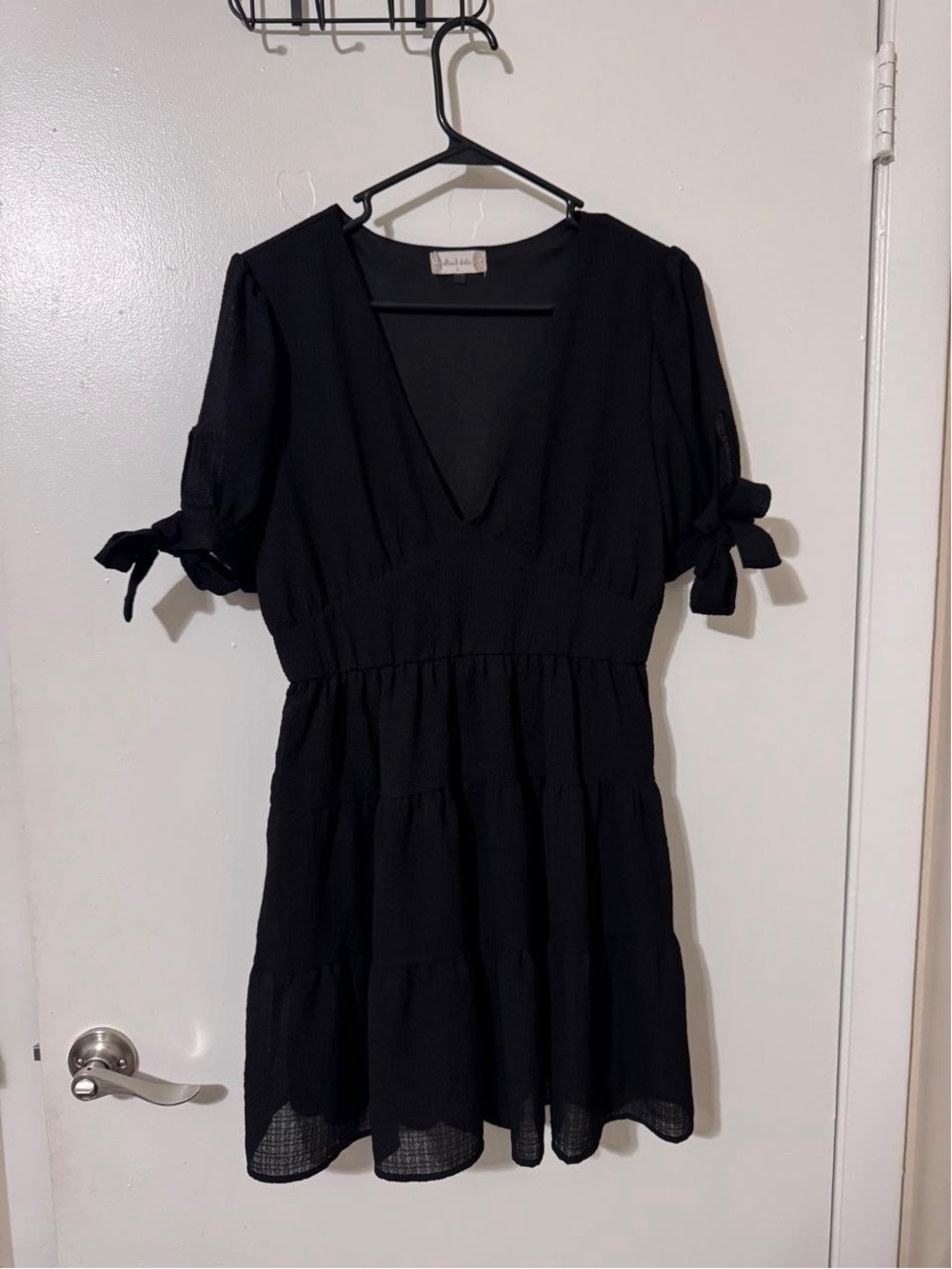 Altar'd State Black Tiered Mini Dress L Short Tie Sleeve Deep V-Neck